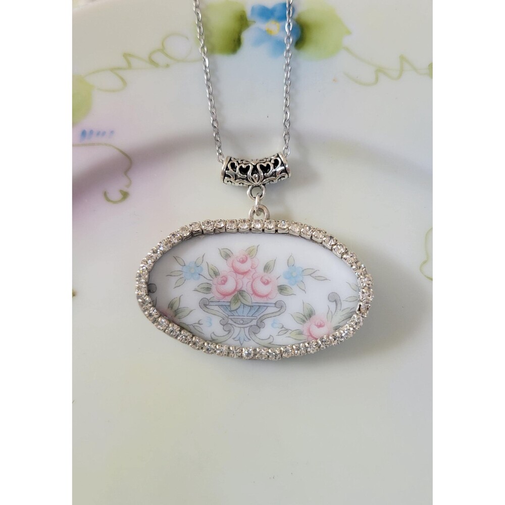 Broken China Pink Roses in Urn Rhinestone Trimmed Soldered Pendant Necklace